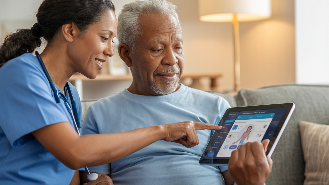 Healthcare worker helping patient with digital health tools